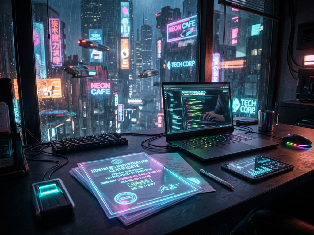 Desk with laptop displaying code, holographic business certificates, and neon city outside rainy window