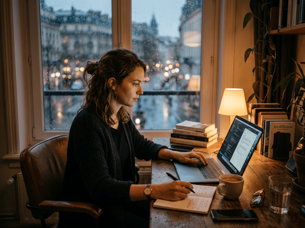 Woman working on laptop and writing notes at desk by rainy window