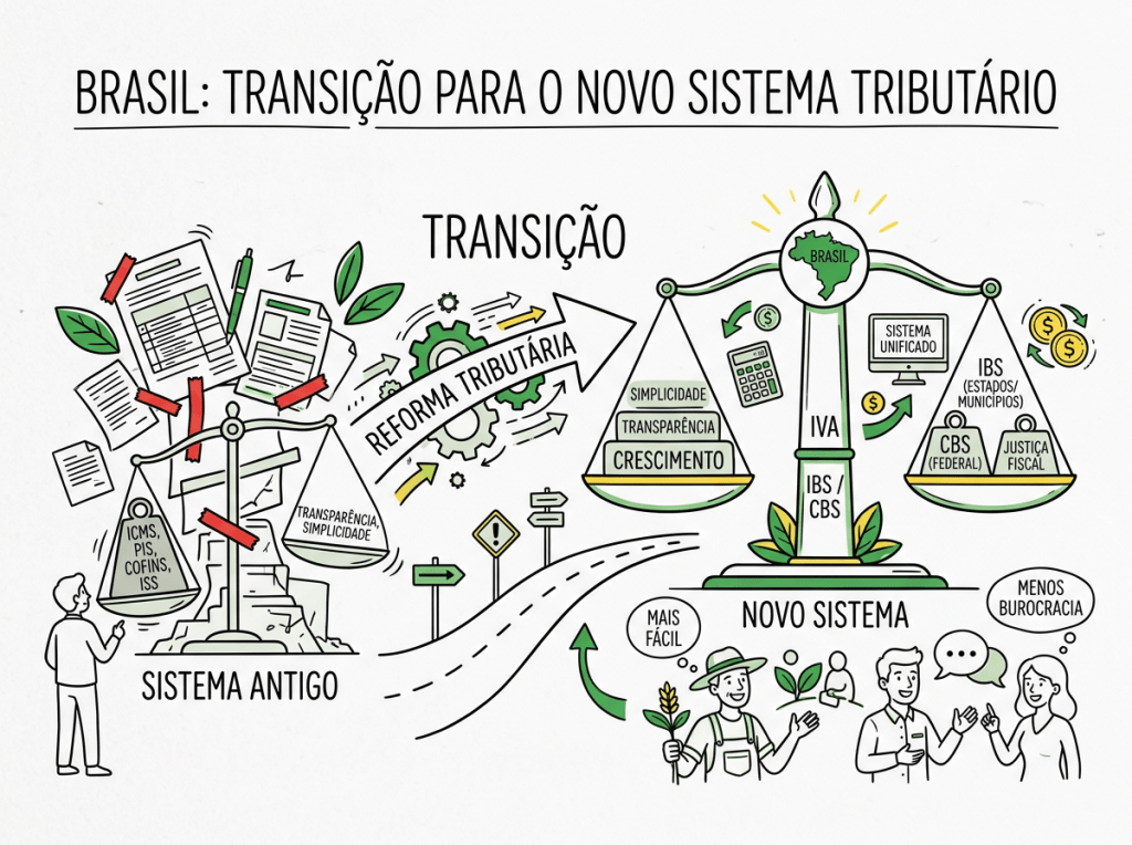 Balance scales showing old and new tax systems in Brazil with transition details and benefits