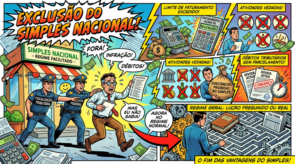 Man being escorted by tax and federal enforcement officers for exceeding Simples Nacional limits and committing infractions