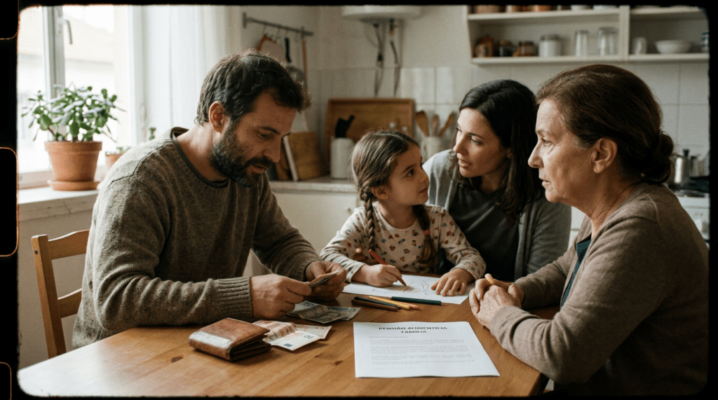 Family of two adults, one elderly woman, and a child sitting at a table with money, colored pencils, and a document.