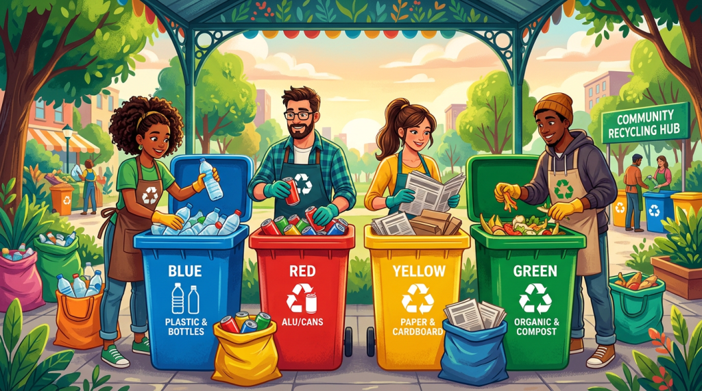 People sorting plastic bottles, aluminum cans, paper, and organic waste into blue, red, yellow, and green recycling bins