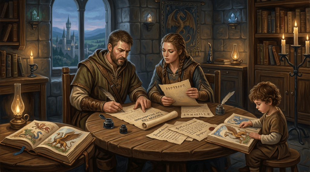 Two adults and a child reading and writing ancient magical texts in a stone room