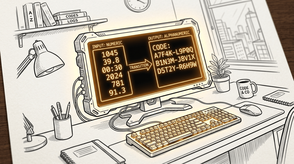 Computer screen displaying numeric input values and corresponding alphanumeric output codes