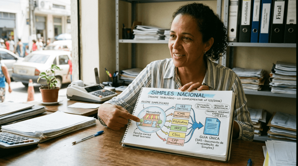 Woman pointing to a chart about the Simples Nacional tax system for small businesses