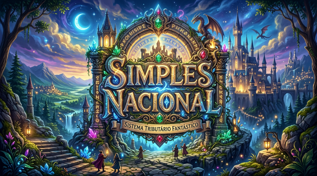 Fantasy landscape with glowing crystals, castles, dragons, and the title 'Simples Nacional Sistema Tributário Fantástico'