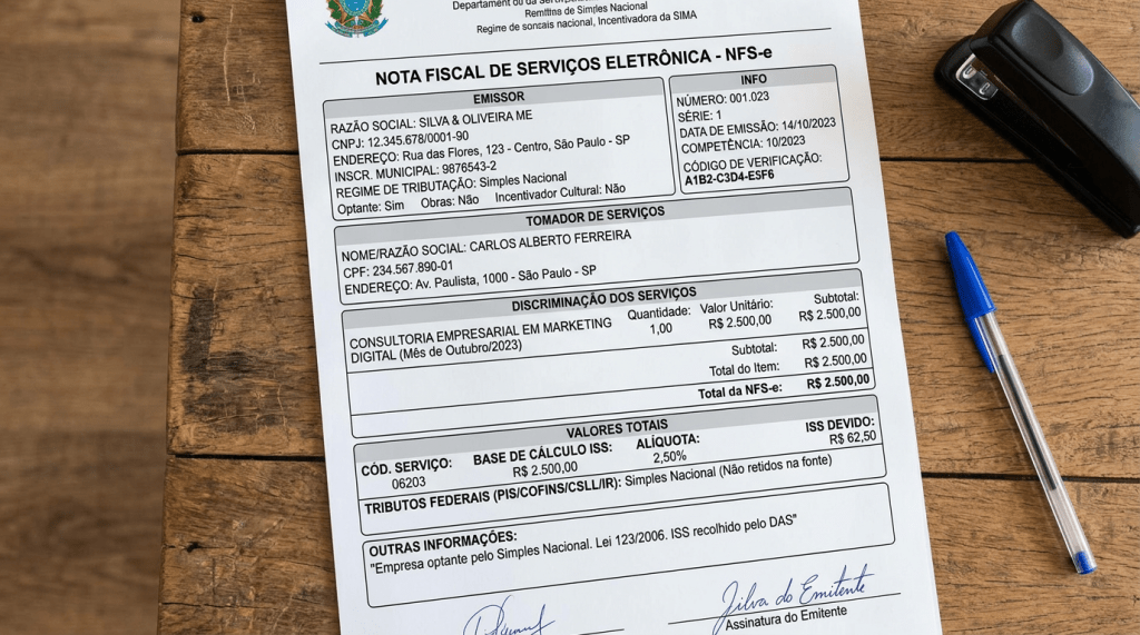 Electronic service invoice detailing issuer, service recipient, service description, and total values in Portuguese